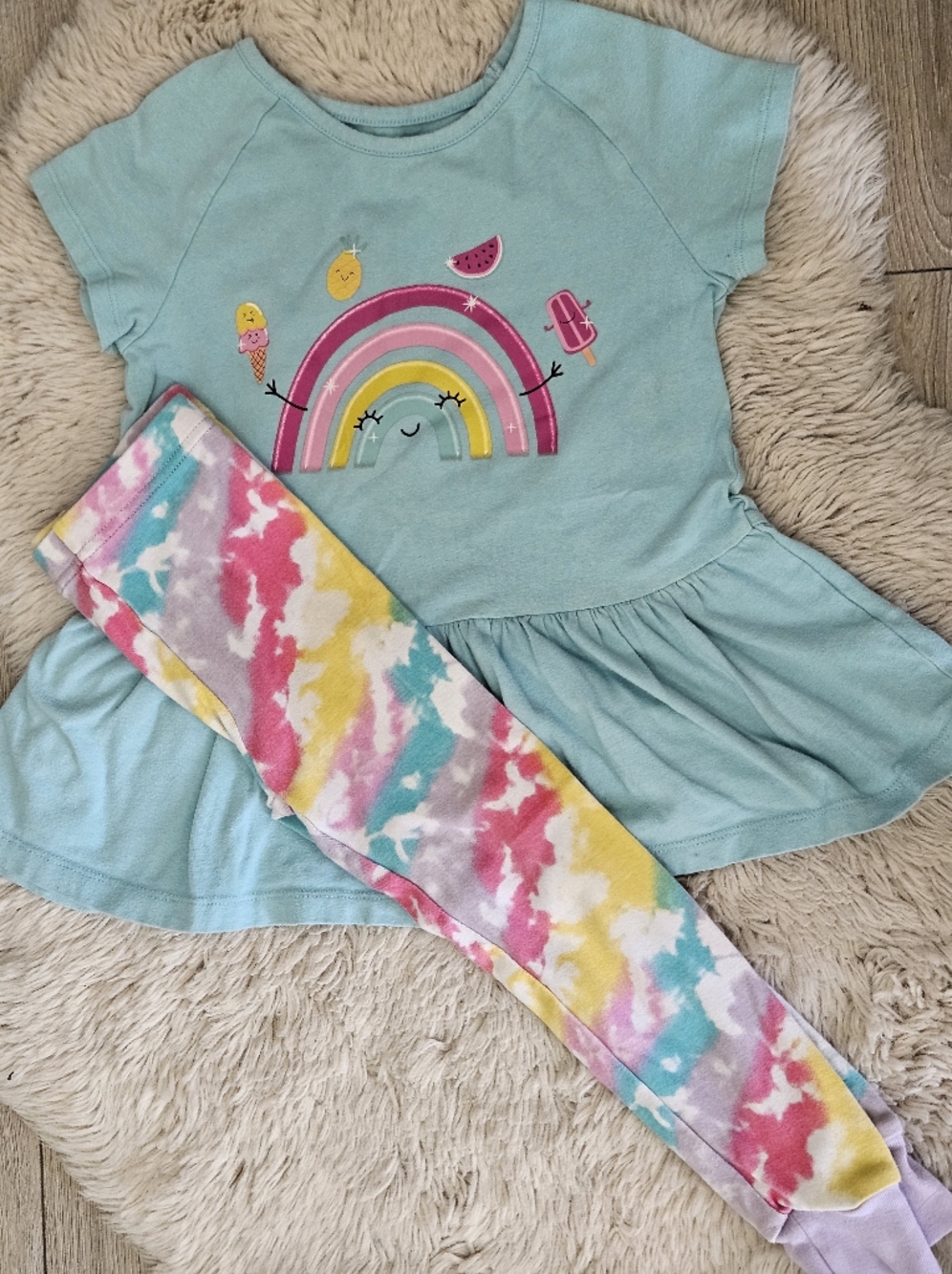 5/20$Pekkle Girl Rainbow Peplum Top & Kirkland Tie Dye Leggings Set Size 4T 5 🩷